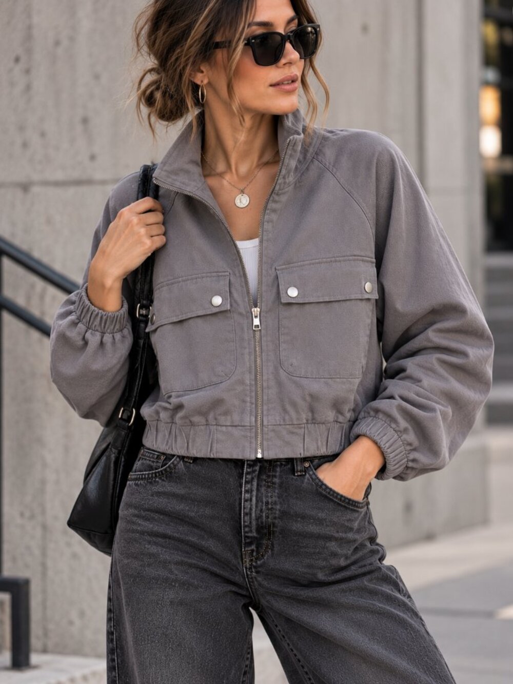 Lulus Cropped Utility Cargo Pocket Grey Bomber Jacket M Streetwear Gorpcore NWOT